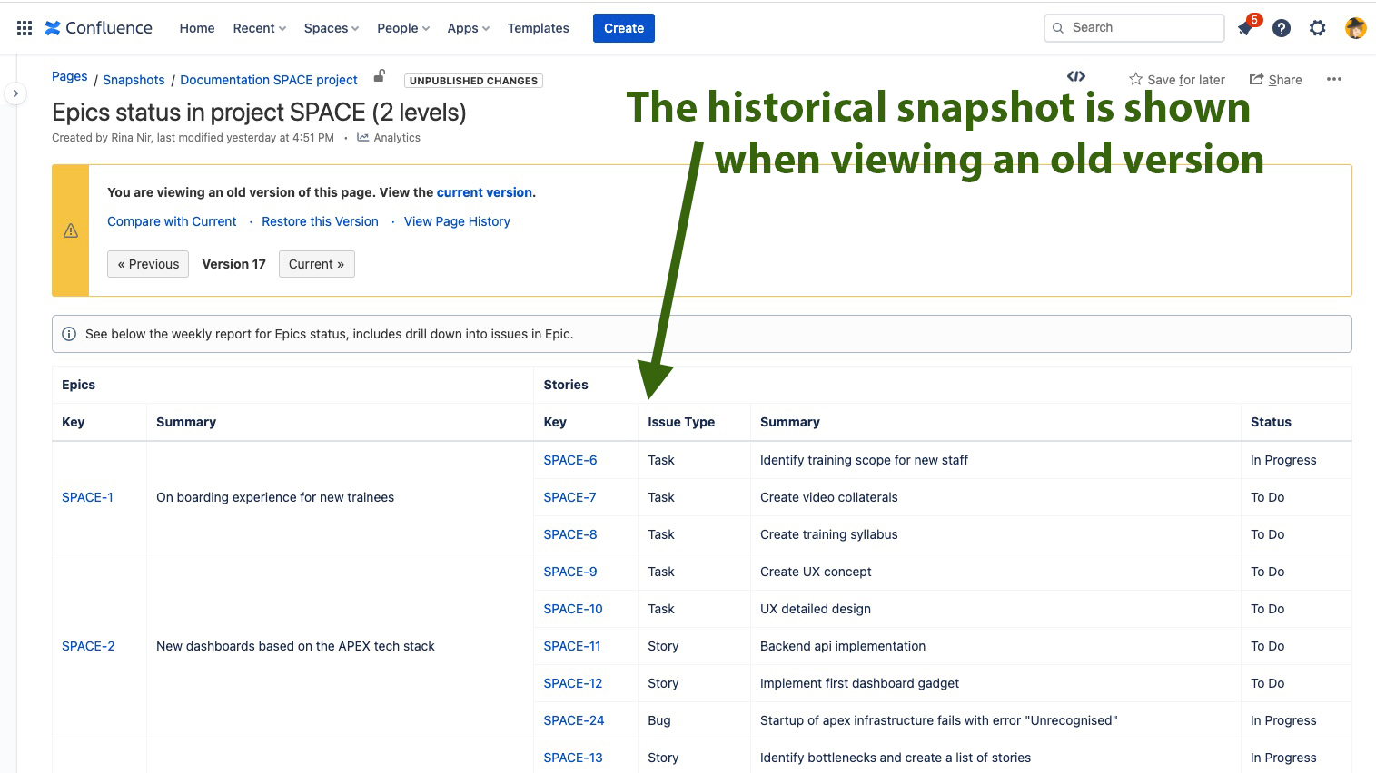 Page old versions display with compatible snapshot versions