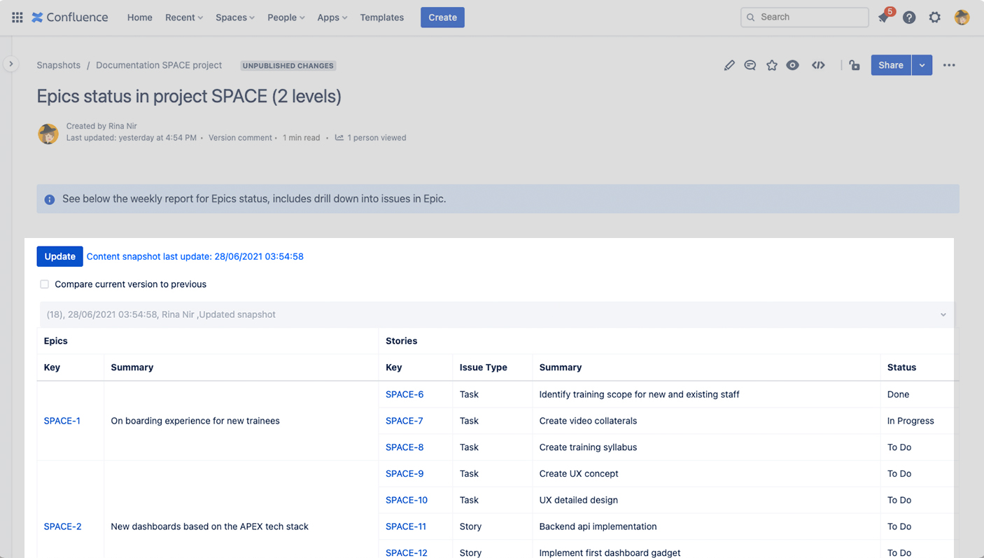 Jira Snapshots generates tables of Jira data on the page